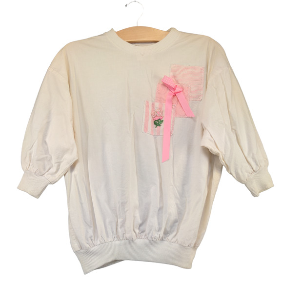 Eber Women's Pullover Sweater White Small 3/4 Sleeve Bow Patchwork - Picture 1 of 12